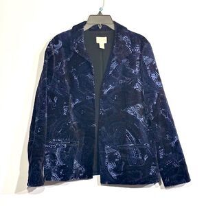 CHICO'S | Women’s Blue Velvet Blazer Paisley Design Open Front Size 12/14